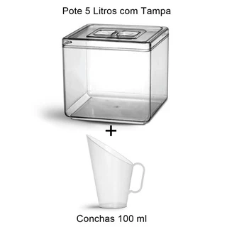 Pote Quadrado Acrílico Com Tampa (5 Litros) + Concha 100 Ml