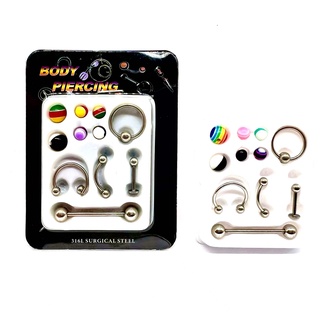 Kit 5 Piercings Prata masculino feminino para boca nariz e lígua em aço inox + 6 Bolinhas Colorido