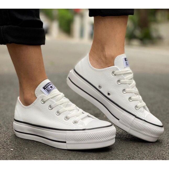 Tenis Converse All Star Plataforma Branco Couro / Preto / Rosa Oferta  Imperdivel