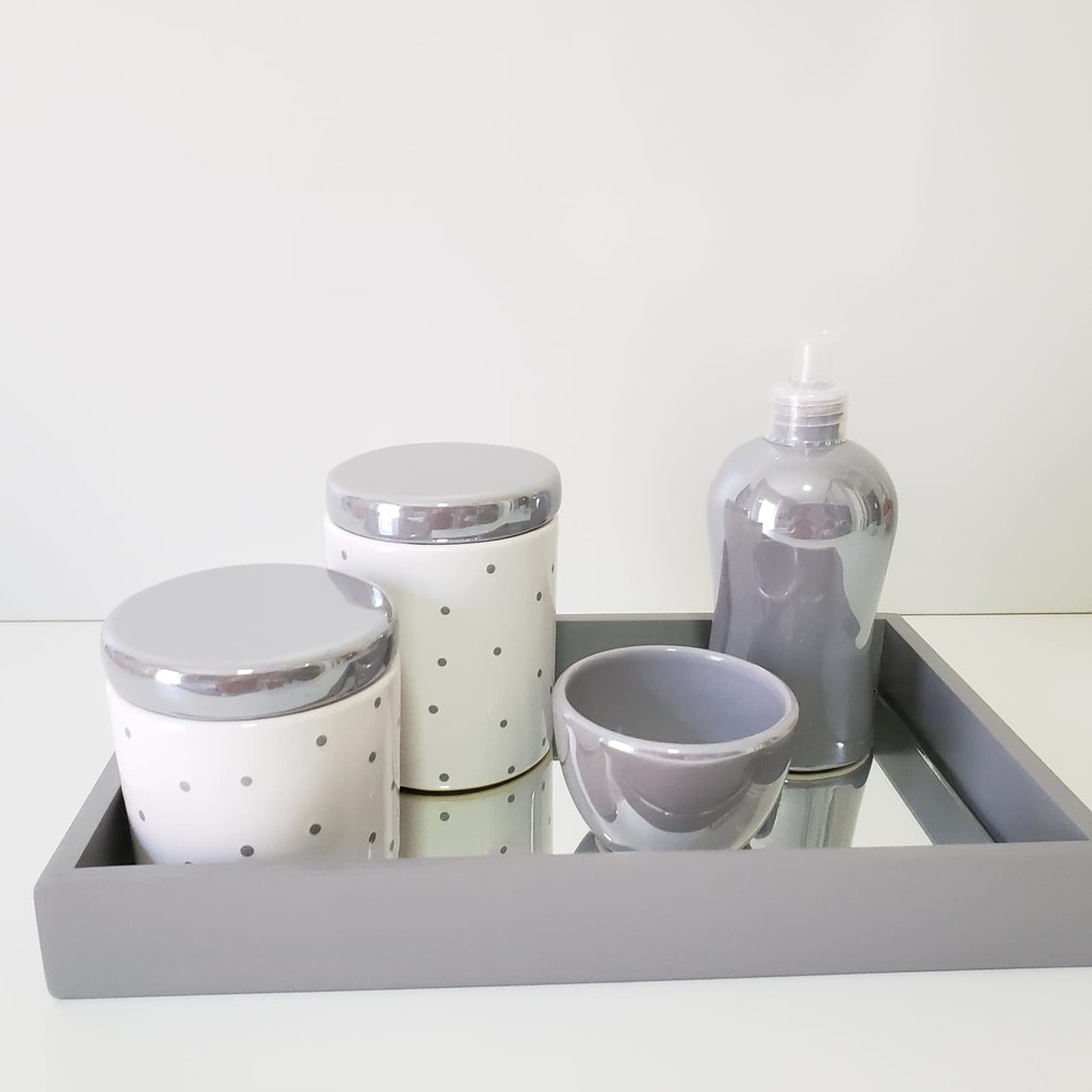 Kit Higiene para Bebê Porcelana Branco com Poá Cinza