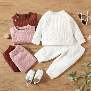 Recém-Nascido Fofo Baju Baby Girl and Boy Clothes Set Algodão Sólido Pescoço Redondo Rufo Manga Longa Calças Fashion 2pcs Roupas 0-3 Anos