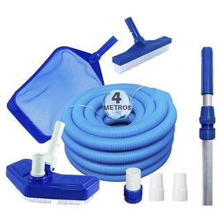 Kit Limpeza Para Piscina Aspirador Peneira Escova Vinil Alvenaria Fibra + Cabo De Alumínio Telescópico 3m + mangueira 4m