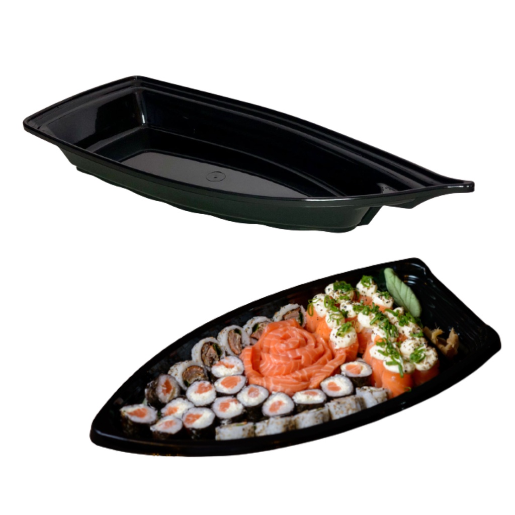 Travessa Barco Barca Grande Reutilizável Açai Sushi 42cm Preto