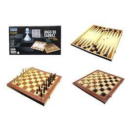 Baú de jogo antigo - jogo de xadrez Staunton - gamão e damas (1