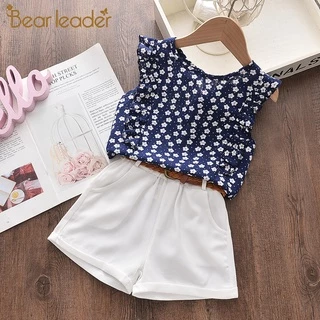 Líderes Do Urso Fato De Para Meninas 2022 Summer New Baby Girl Versão Coreana Off-the-shoulder Leaf Short-sleeved Top Trendy Conjunto De Duas Peças AP001
