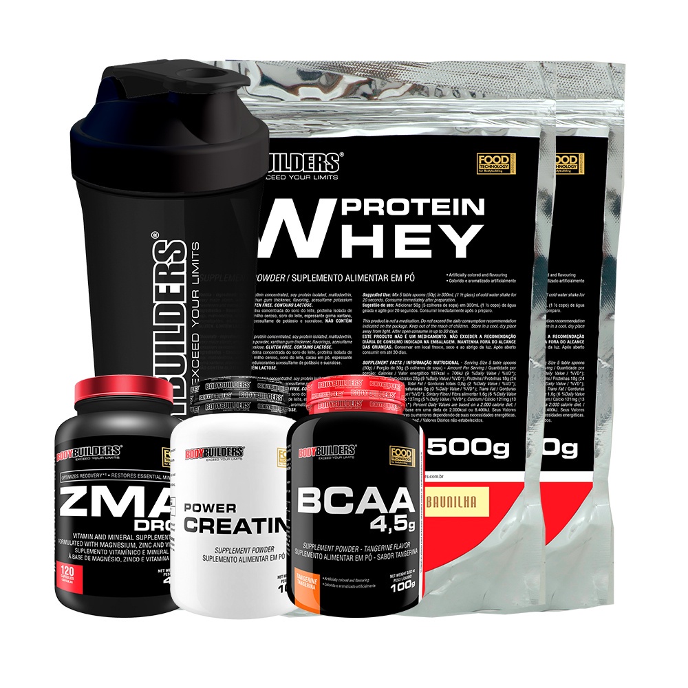 Kit 2x Whey Protein Concentrado em Blend Proteico 500g + Creatina 100g + BCAA 100g + ZMA 120 caps + Coqueteleira – Bodybuilders