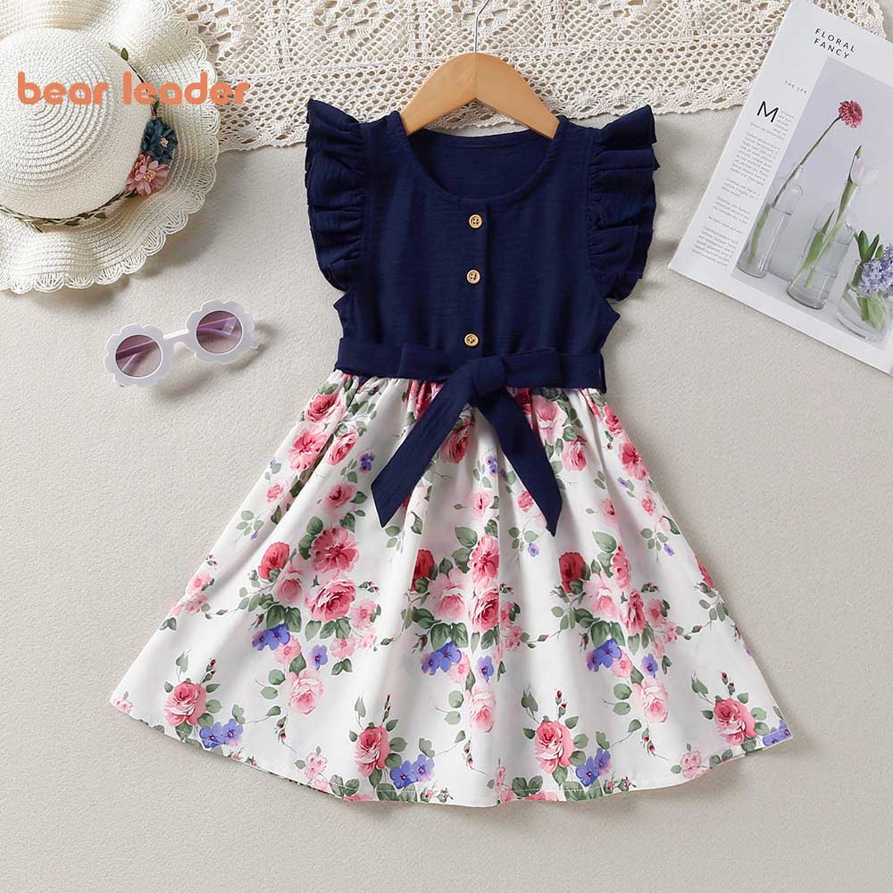 Vestidos De Líder Para Meninas De Urso 2023 Summer New Lace Sleeve Floral Crianças Pequenas E Médias