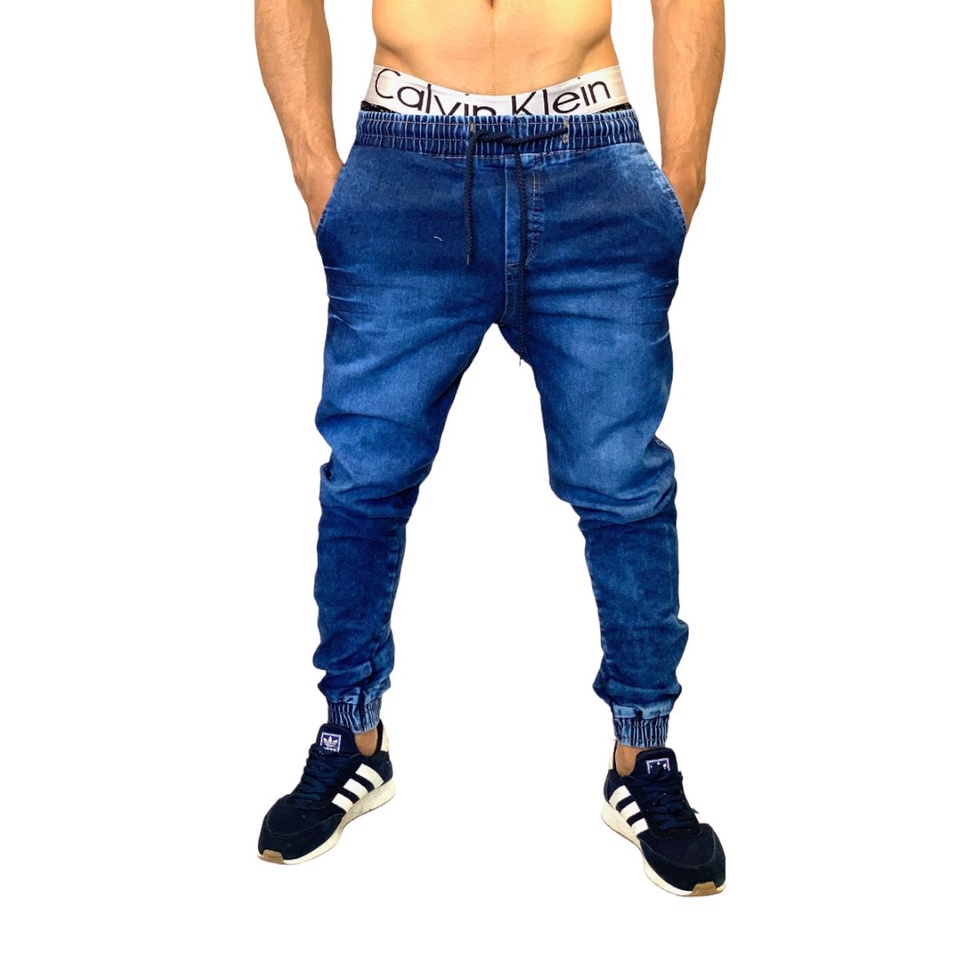 calça masculina Jeans jogger azul escuro rasgado barata