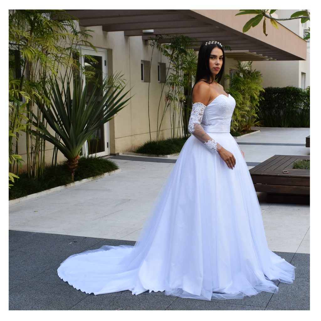 Vestido de Noiva com cauda e Manga Removível Shopee Brasil
