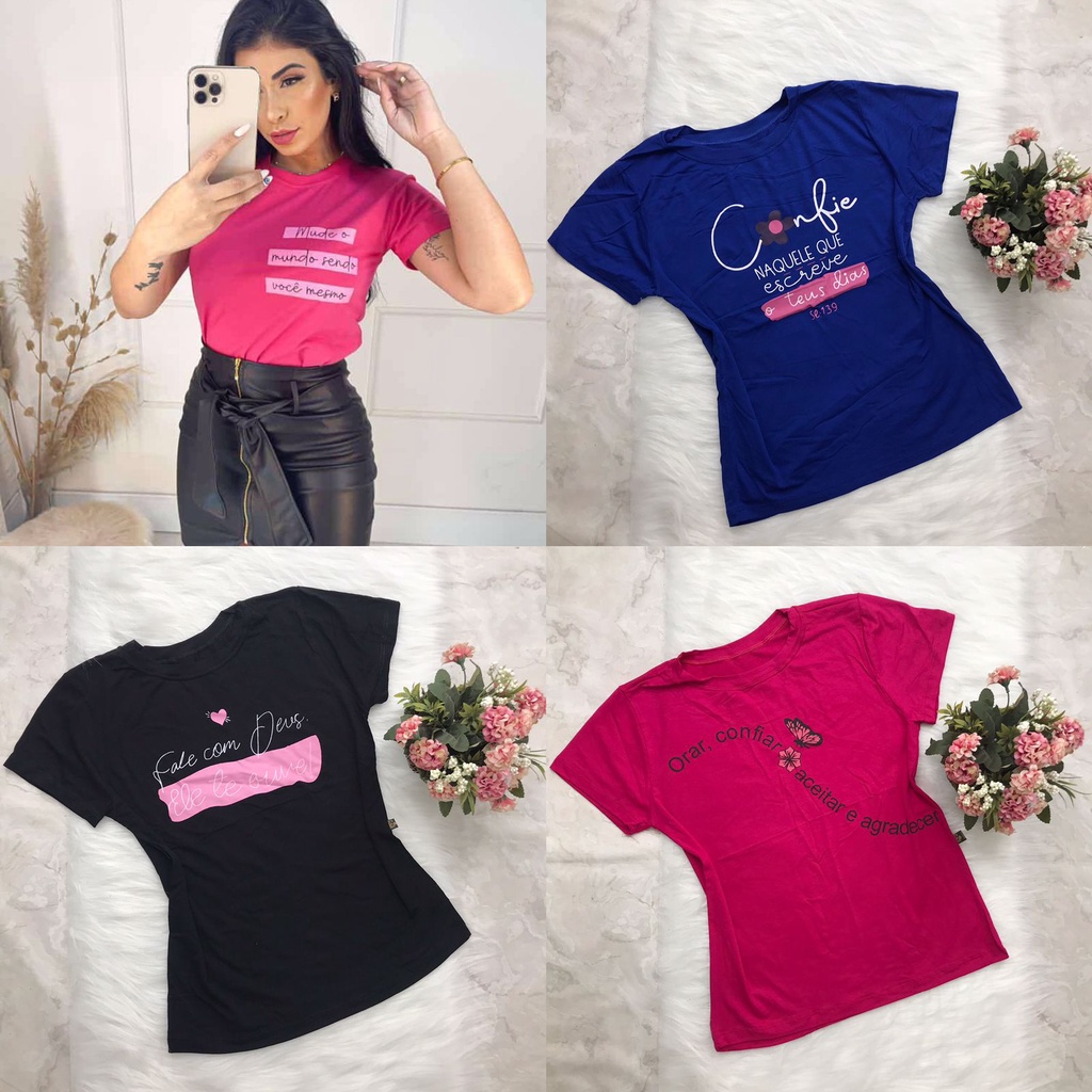 Camiseta T-shirt Feminina Estampada Gratidão Blusinha Camisa Moda Plus Size  - Rosa