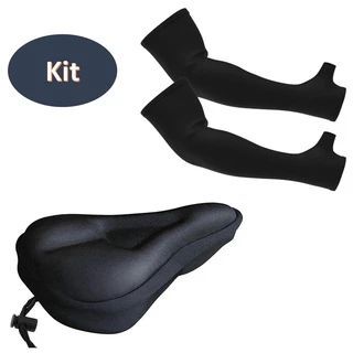 Kit Capa Para Banco Selim Bike em Gel Silicone Para Ciclismo Bicicleta + Par Manguito Manga Esportivo Proteção Solar UV50+