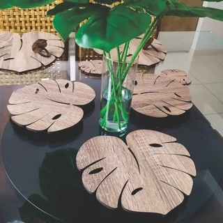 Trio suporte para panela, descanso de panela e pratos, formato folha, corte a laser em MDF madeira laminado 6 mm.