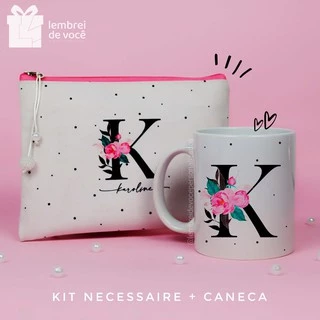 Kit Caneca + Necessaire Iniciais Floral Personalizada - Presente-Letra -Inicial