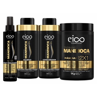 Kit Eico Mandioca Shampoo 450ml e Condicionador 400ml + Máscara Hidratação 1kg + Spray Finalizador Proteção Térmica 120ml