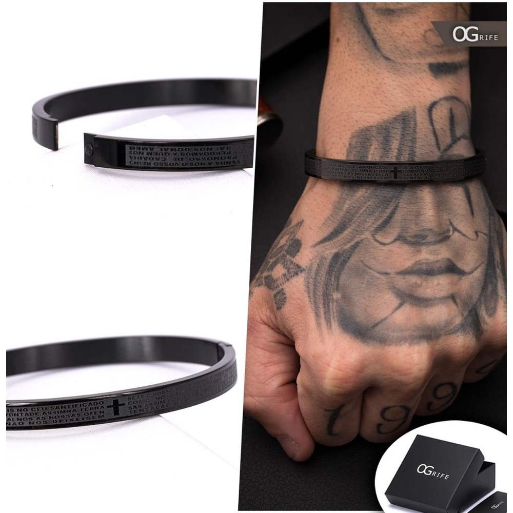 Pulseira Bracelete Masculino Ogrife J Aco Inox Pai Nosso Estojo