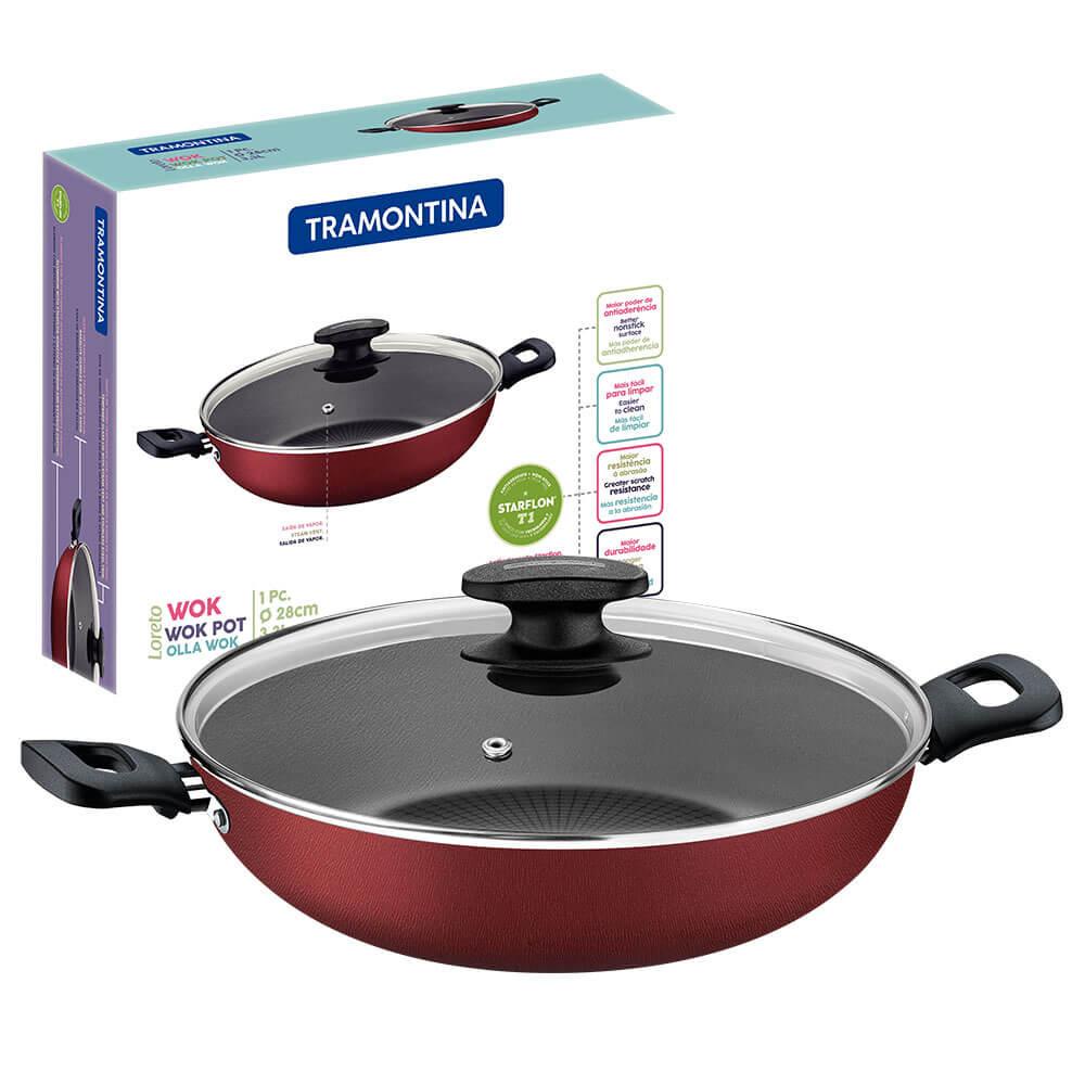 Panela Wok Tramontina Loreto Vermelho 28 Cm 3,3 L Alumínio Com Antiaderente Tampa de Vidro 27817022