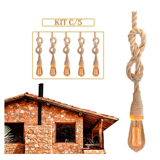 Kit 5 Luminárias Pendente de Madeira Lustre de Teto Corda Sisal Rústico