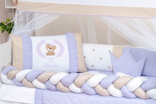 Kit Protetor Berço Trança Urso Ted Lilas Menina 12 Peças