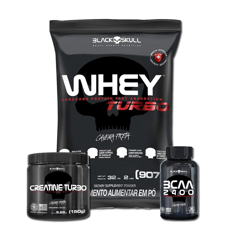 Kit Combo Suplementos Whey Turbo 907g + Creatina 150g + BCAA 30 Tabs – Black Skull