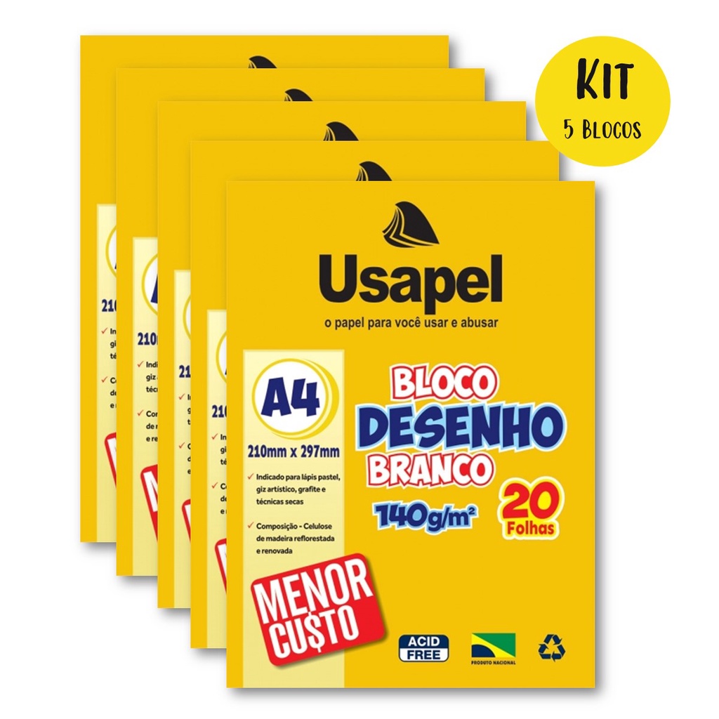 Bloco De Desenho A4 Kit 5 Blocos 20 Folhas Gramatura 140g Branco Ideal Desenho Pintura Colagem 8101