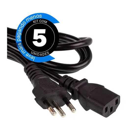 Kit 5 Cabo De Força Energia 10A Tripolar 1,20m P/Computador | Fonte | Monitor | Pc