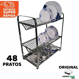 Escorredor De Pratos Grande Aço Inox 48 Pratos Prático Não Enferruja Três Andares