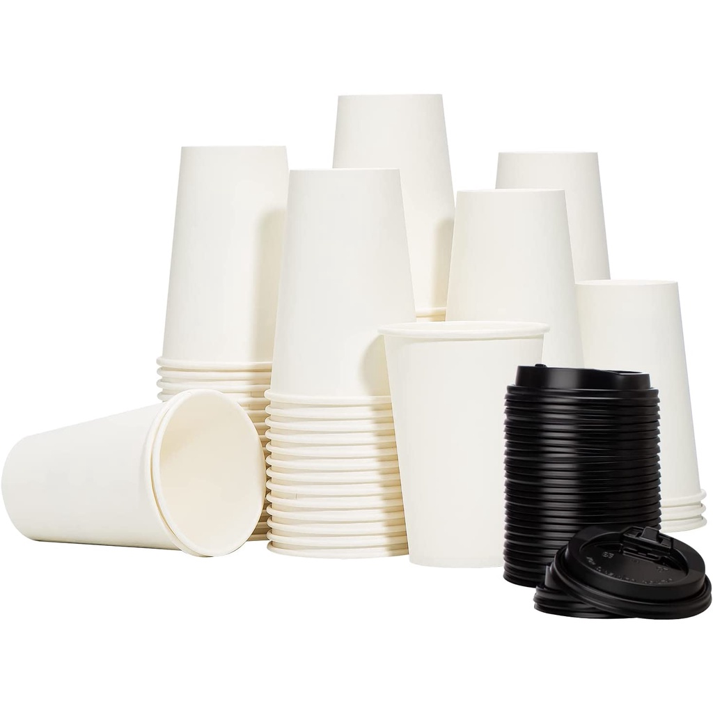 50 Copos de Papel Branco 360ml com Tampa (bebida quente ou fria)