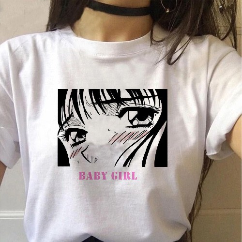 Camiseta Kawaii Anime Girl Print, manga curta gola redonda Top