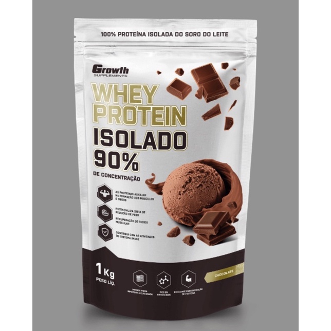 Whey Protein 100% Isolado com 90% Concentração 1kg – Chocolate / Morango / Natural – Growth Suplementos