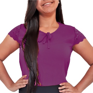 Blusa Feminina Manga Curta com Renda Estampada Moda Evangélica