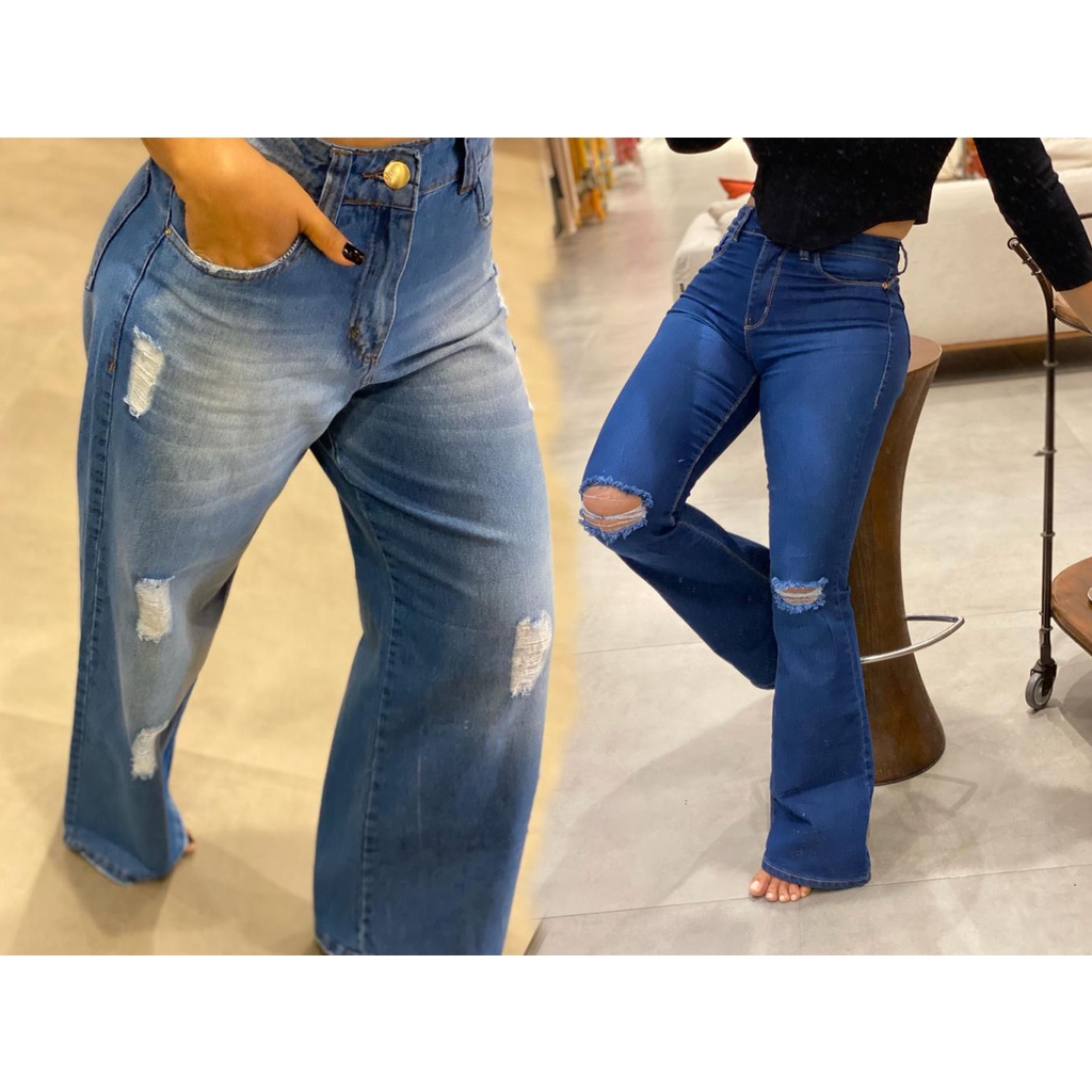 Kit 2 Calça Jeans Flare Feminina Wide Leg Pantalona