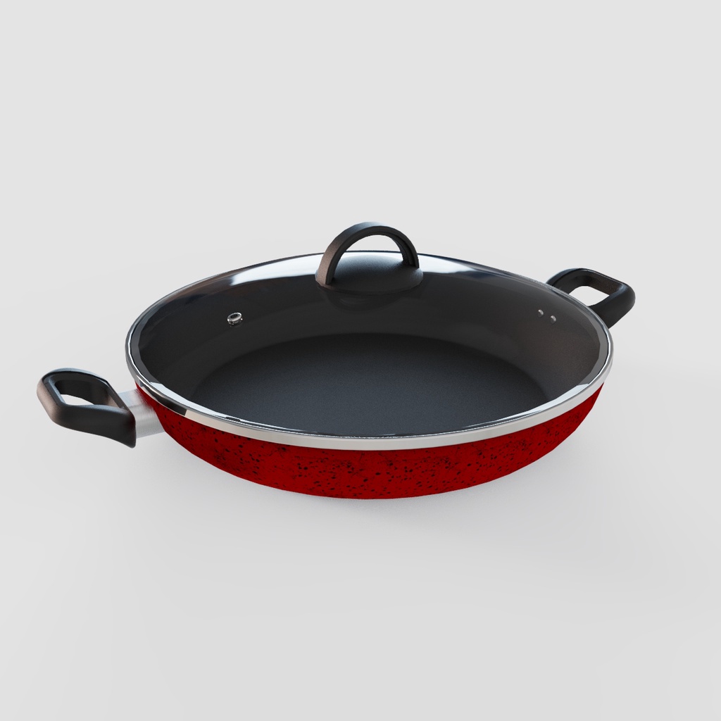 Frigideira Panela Wok 32cm 5 Camadas Antiaderente Tampa De Vidro – VERMELHA