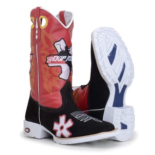 Bota Country Texana Masculina Couro Legitimo Cano Longo Vermelho e Preto