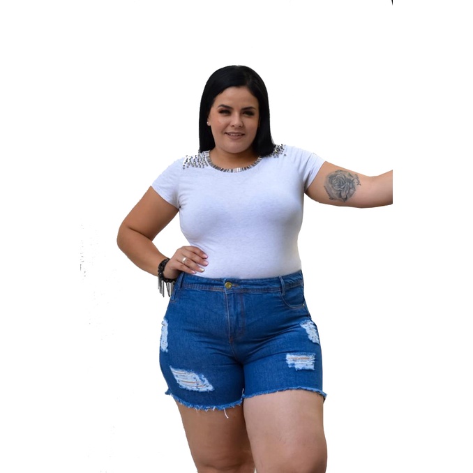 Short Feminino Jeans Plus Size Cintura Alta Rasgo 46 A 54 Destroyed