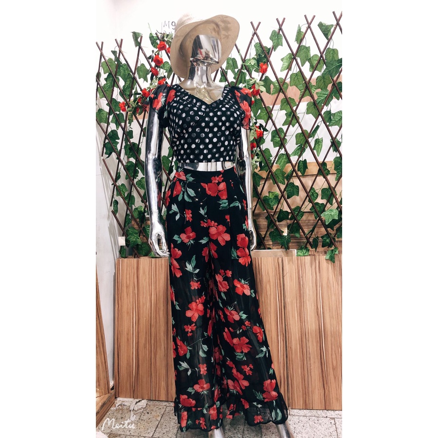 Conjunto Florido Com pPreto e Bolinhas | Shopee Brasil