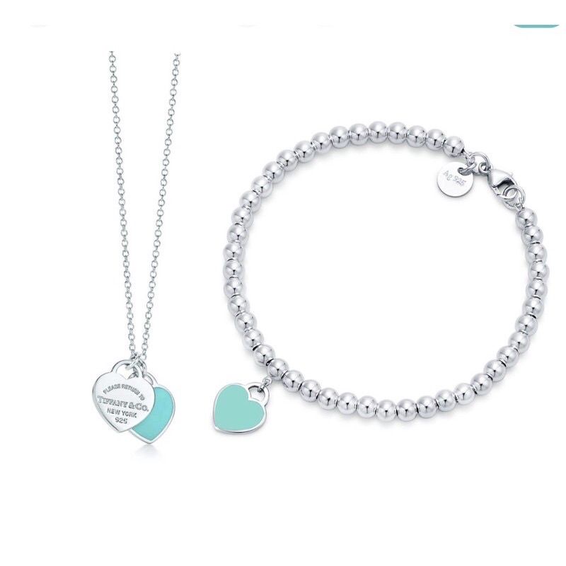 Conjunto Tiffany Coração Azul Colar e Pulseira prata925