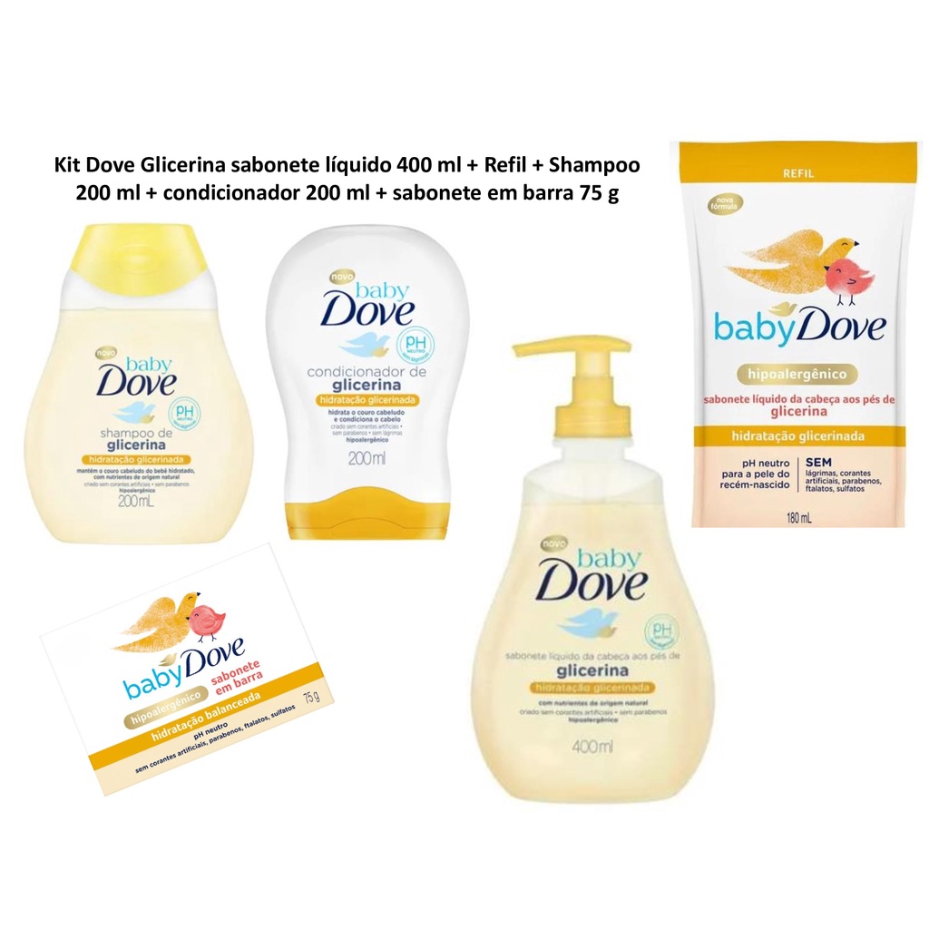 Kit Dove Glicerina liquido 400 ml + Refil 180 ml + Shampoo