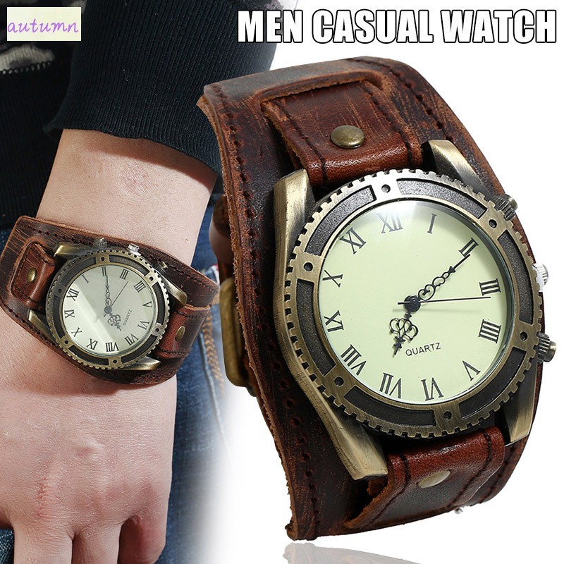 Relógio De Pulso Masculino Estilo Punk Vintage De Couro Com Números Romanos / Relógio Casual
