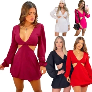 Macaquinho Feminino Vestido Short Curto E Saia Manga Longa Decotado Estilo Blogueira Sexy Para Balada E Festa Ou Casual