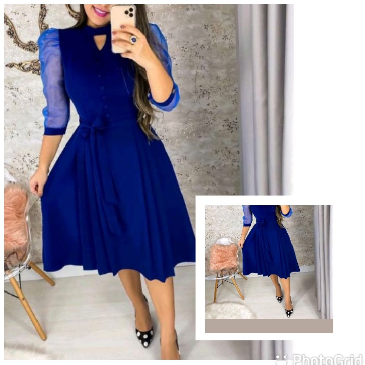 Vestido Elegante Manga Longa Crepe Plissado com Guipir Azul