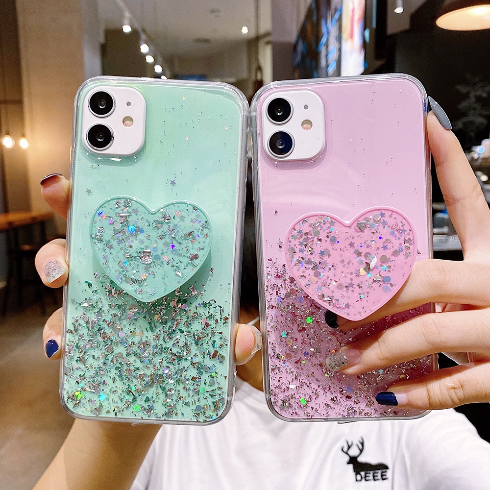 Caso Para Samsung Galaxy A72 A82 F62 M62 M31 M31S M51 S21 Ultra S21 + Caso De Telefone Moda Glitter Folha De Prata Transparente Macio Móvel Tampa Traseira Com Suporte Titular