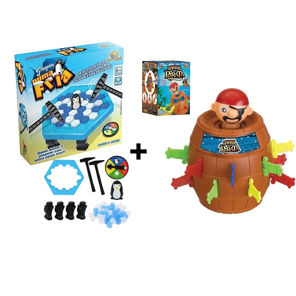 Kit Jogos Quebra Gelo Pinguim + Jogo Barril Pula Pirata Art Brink