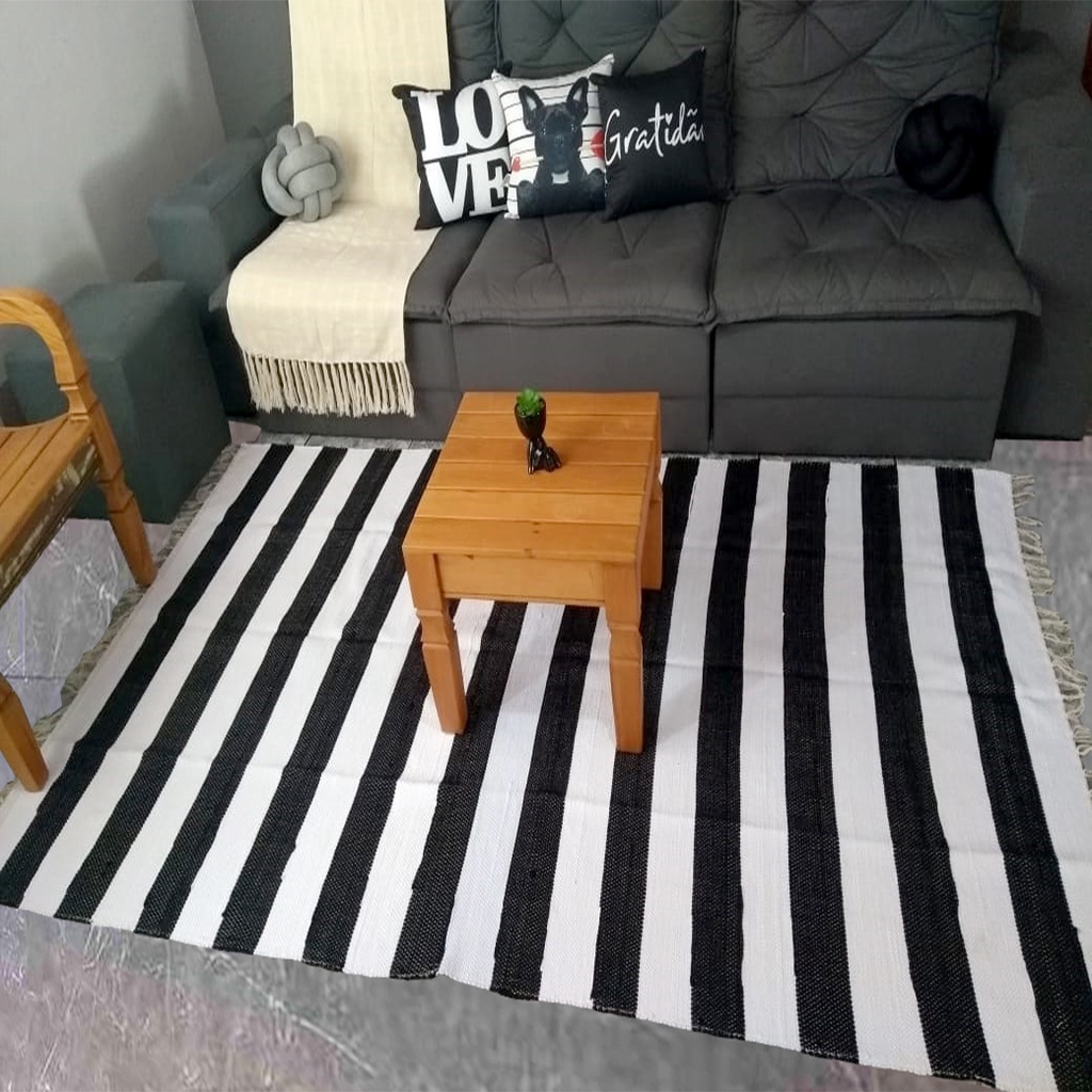 Tapete Sala Preto E Branco Listrado Grande 1,50 X 2,00 Malha