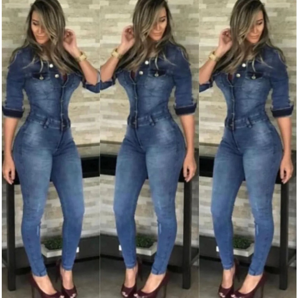 Macacão jeans feminino no best sale mercado livre