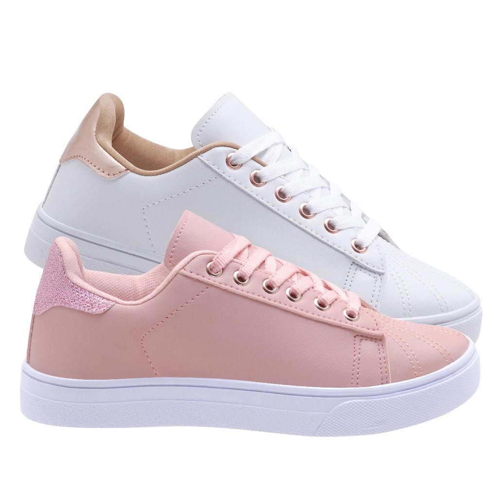 Kit 2 Pares Tênis Feminino Casual Sbelta Conforto - Branco+Rosa