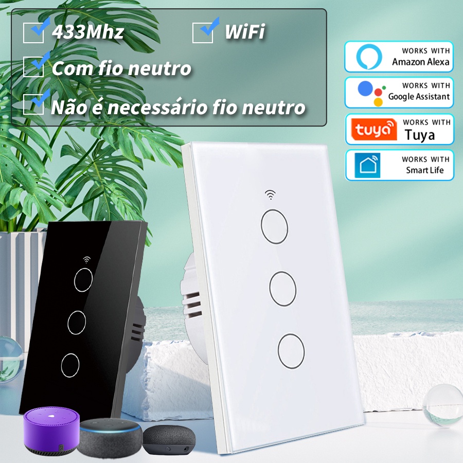 Interruptor Inteligente De Toque wifi tuya Neutro Sem Fio RF 433MHz Remoto 1/2/3/4 Controle Por Voz Alexa Google Home