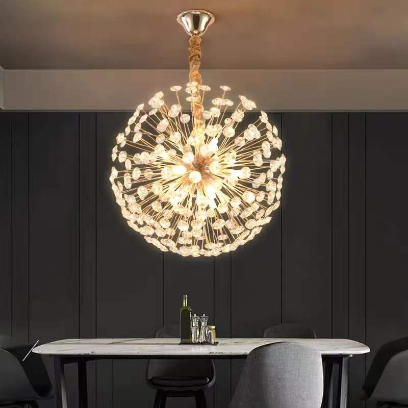 P203 Lustre Pendente Cristal Flor Dente de Leão Sala de Estar Pé Direito Duplo Design Moderno, Luxuoso