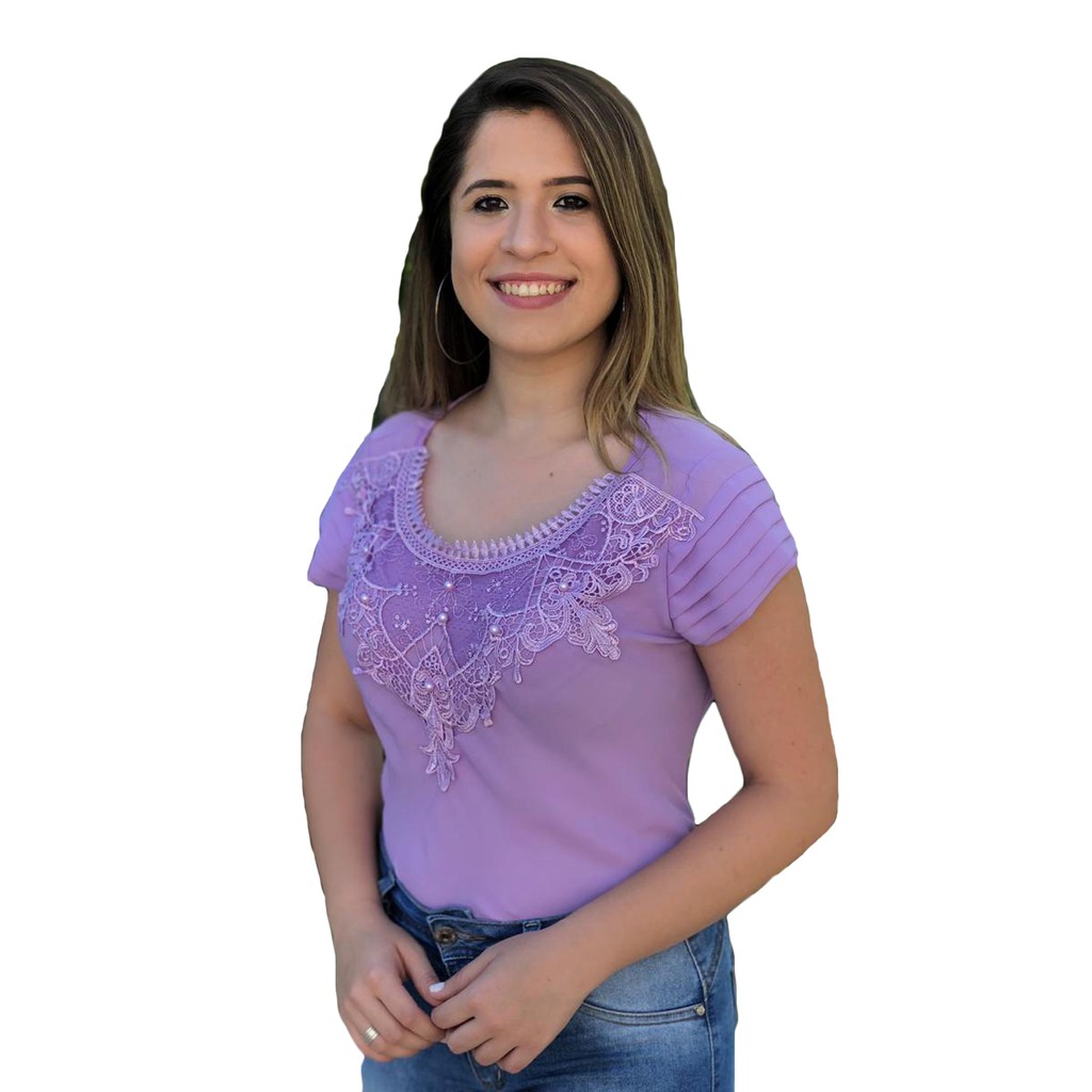 Blusa Feminina Tecido Leve Em Crepe E Renda Moda Evangélica em