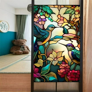 Eletrostático Colorful Flower Birds View Shape Glass Stickers Removíveis Retro Janela Privacidade Película Decorativa Manchada