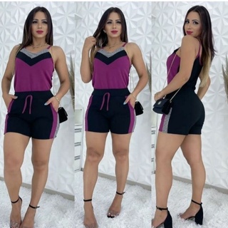 CONJUNTO FEMININO KIT short + blusinha Malha Crepe ( 36 ao 48) Detalhes Xadres